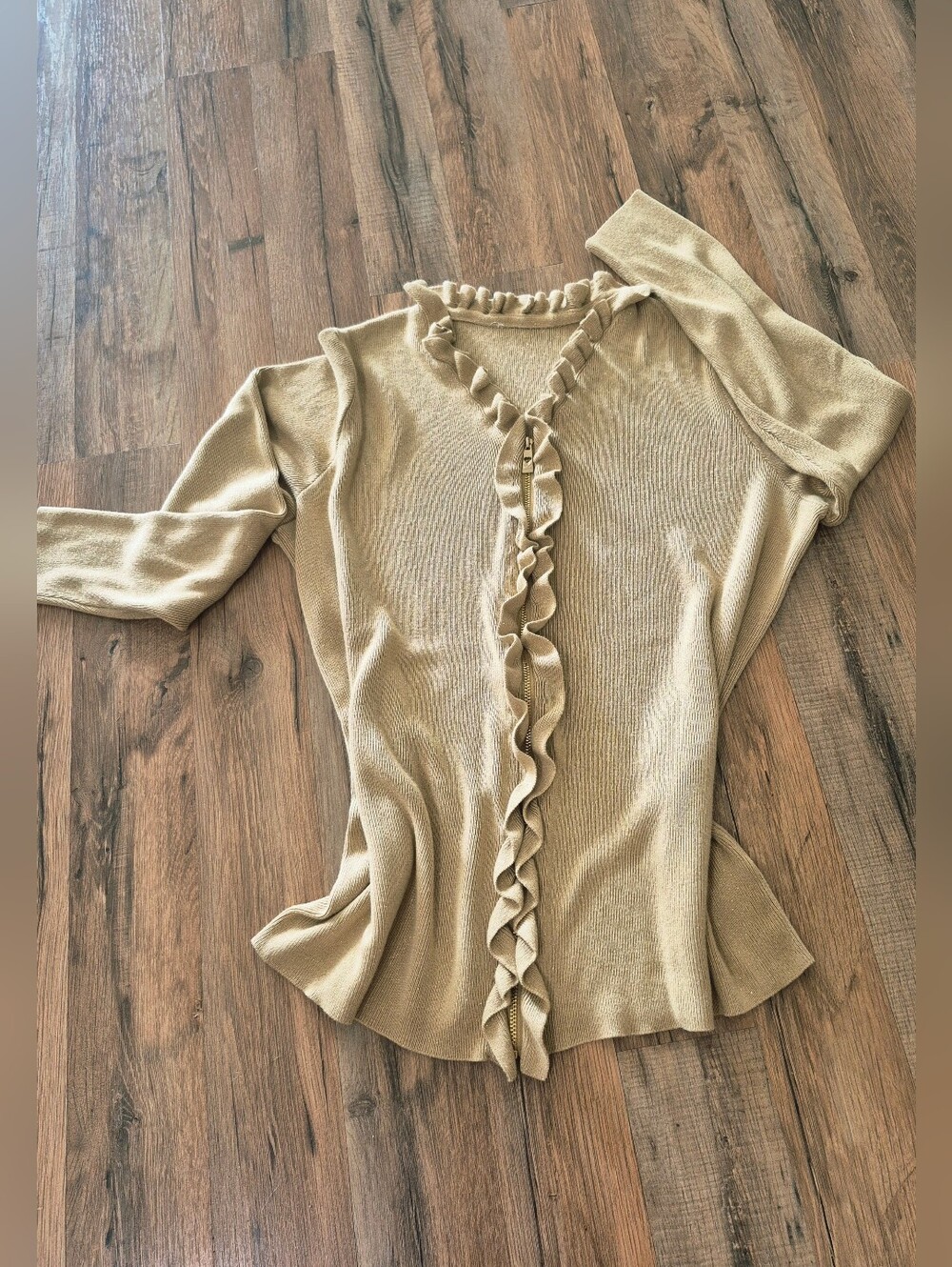 Women's Ruffle-Trim Knit Cardigan in Tan With Gold Shimmer Throughout.